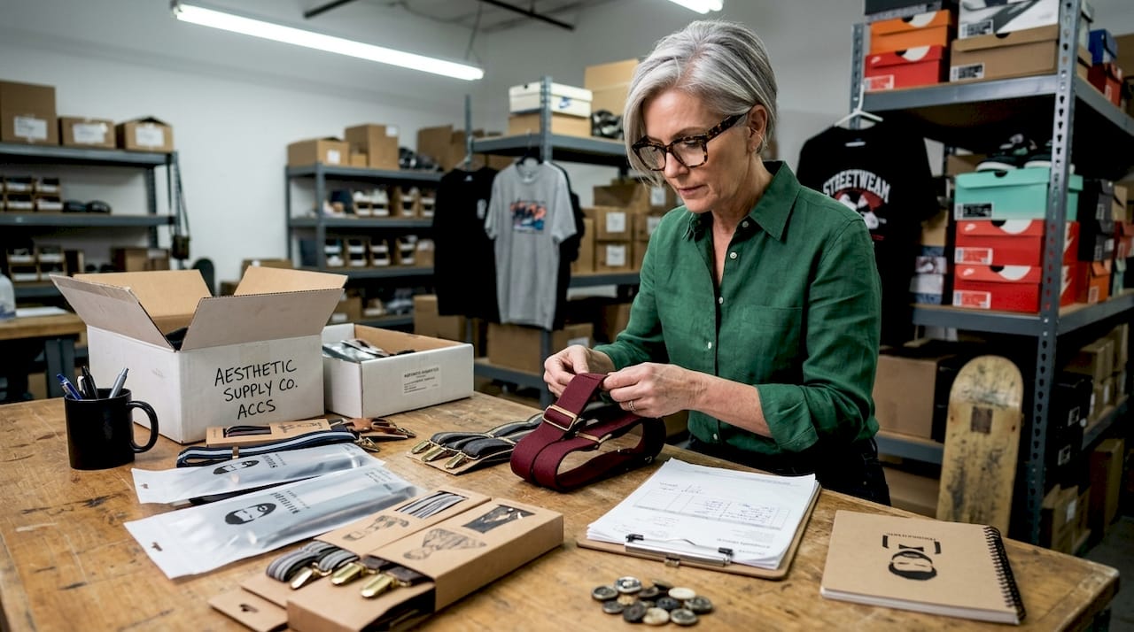 Manager inspects suspenders packs for quality
