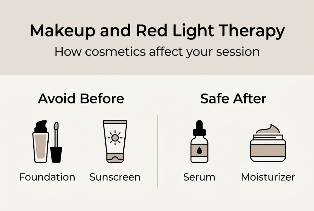 Infographic showing makeup products to avoid or use with red light therapy
