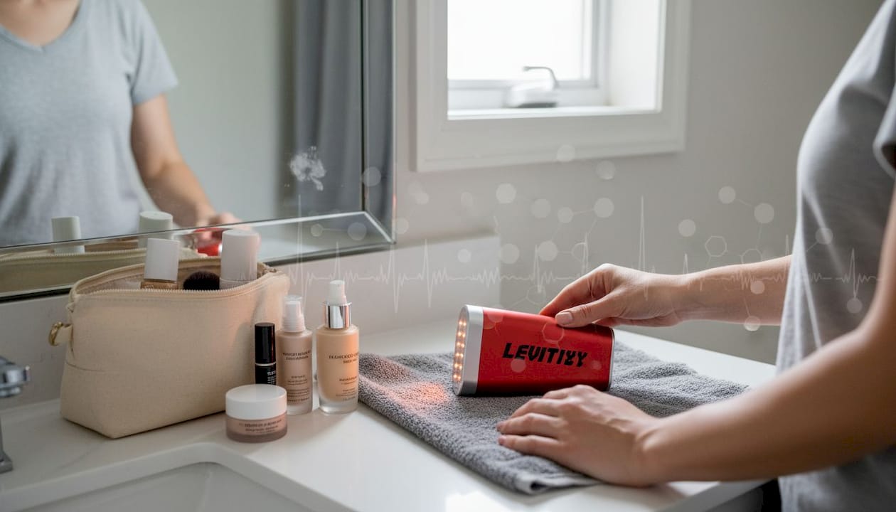 Makeup and red light device on bathroom counter