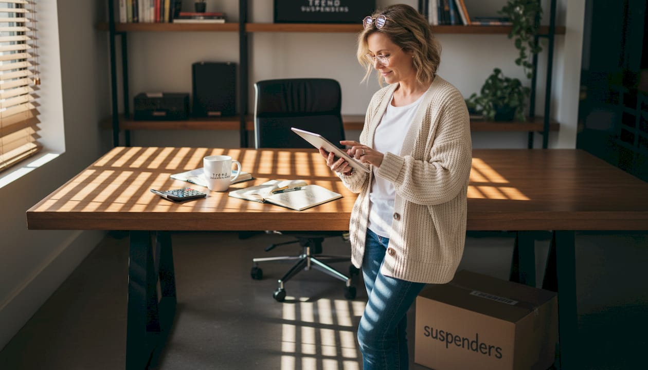 Business owner checks sales data on tablet