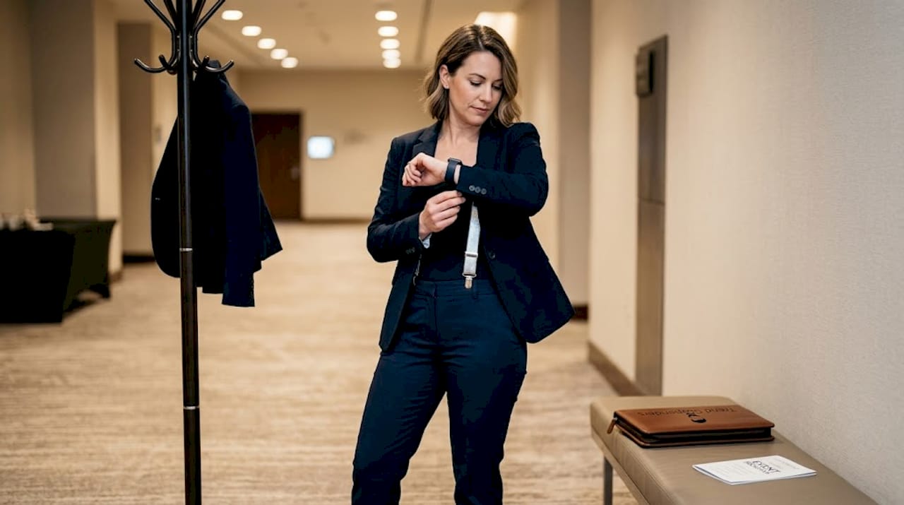 Woman in blazer with silver suspenders at event
