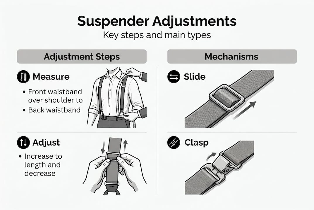 Infographic explaining suspender adjustment steps and types