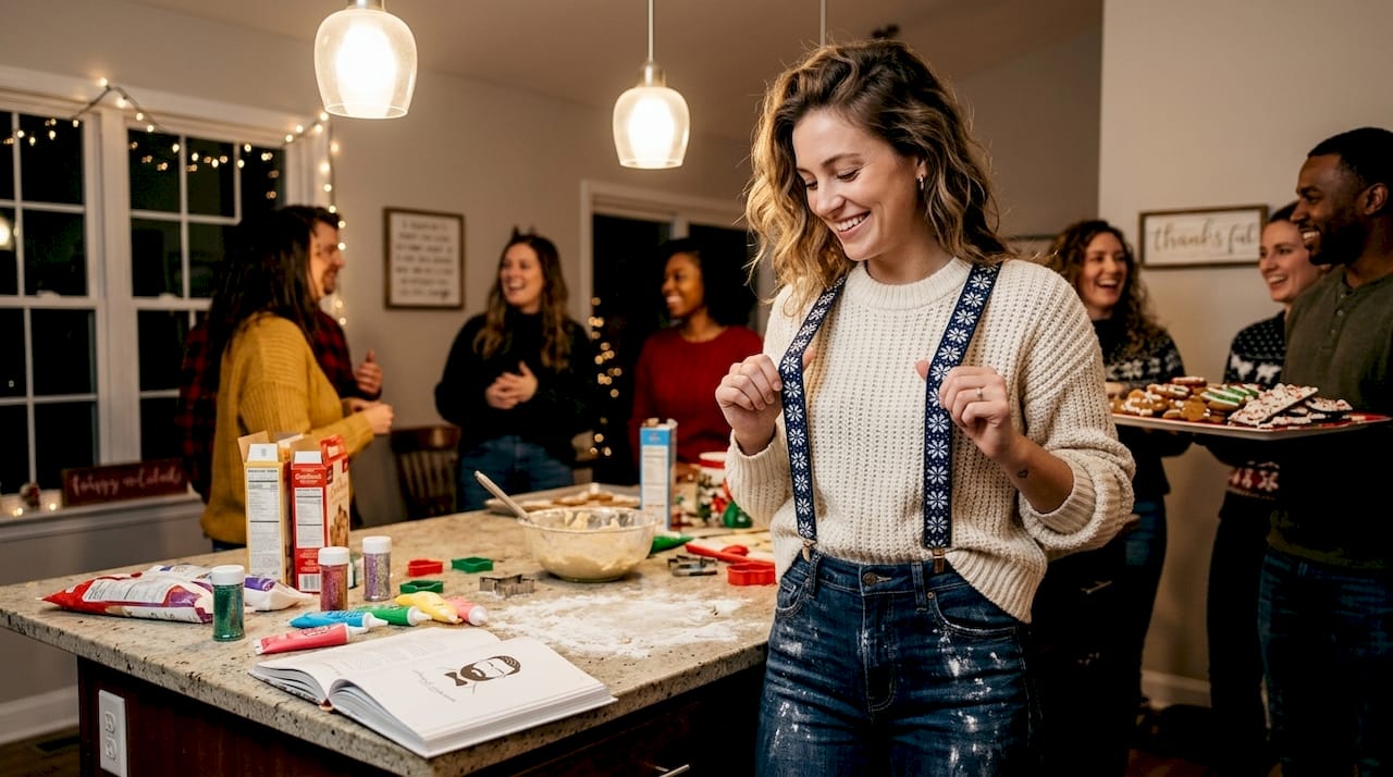 Woman styles snowflake suspenders at holiday party
