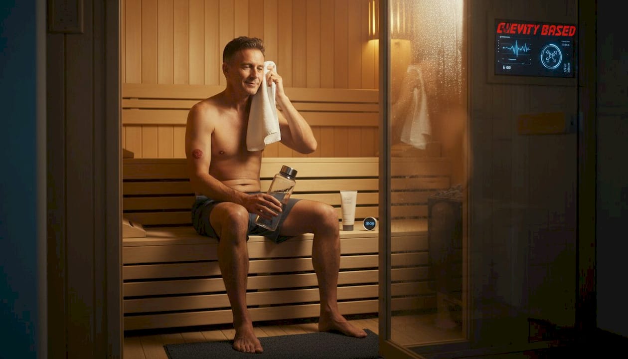 Man with eczema in sauna wiping sweat
