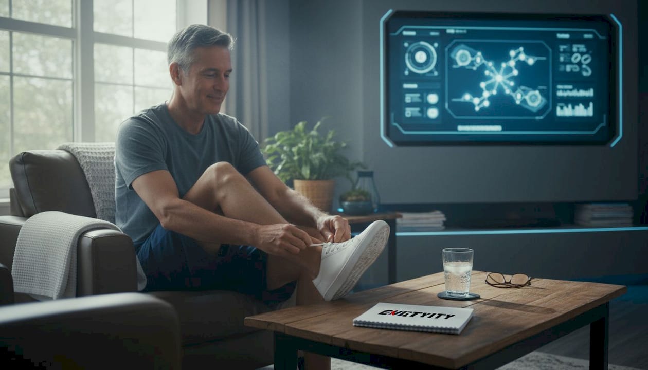 Man in living room flexing hands after sauna