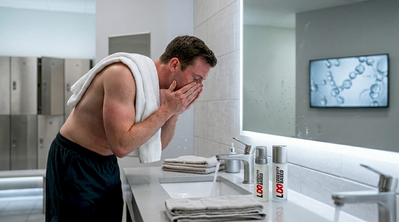 Man cleansing face post-sauna session