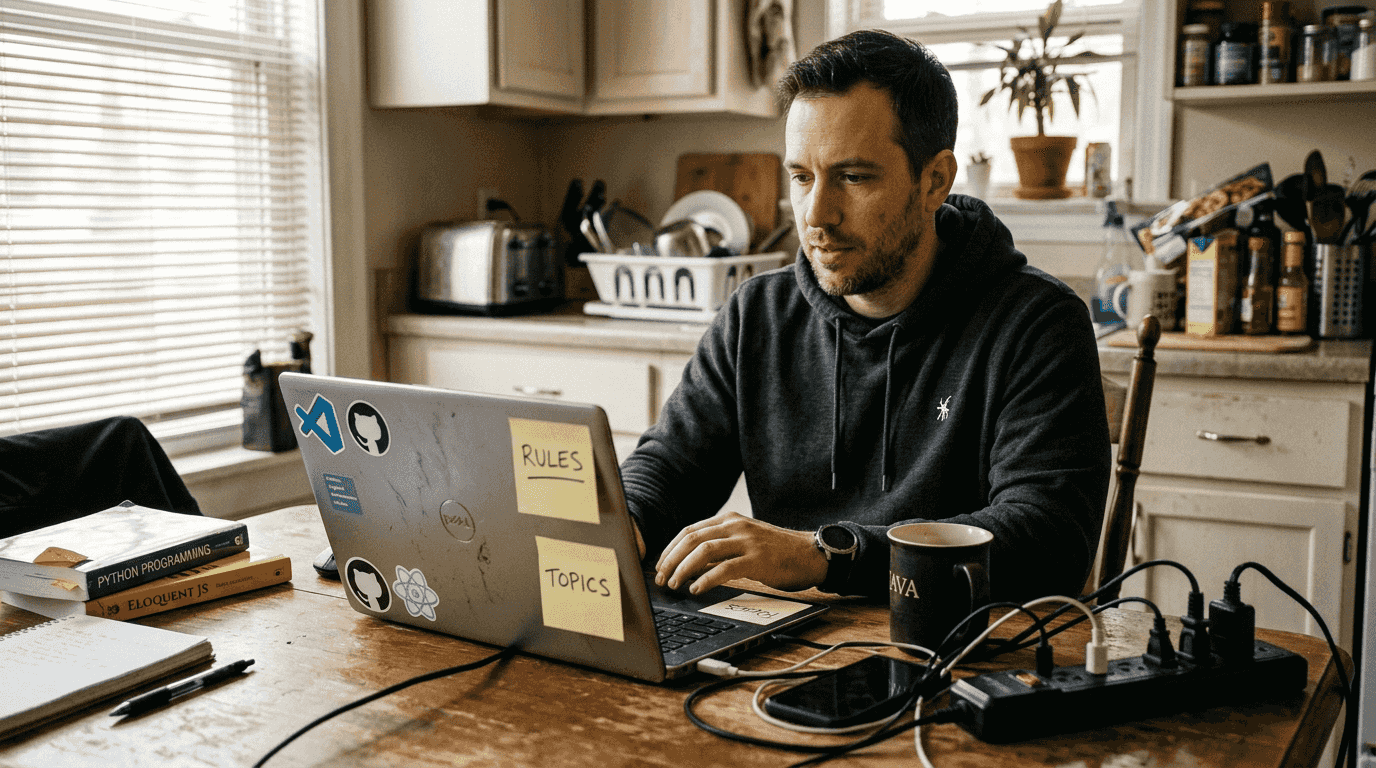 Man organizing online forum channels at kitchen table