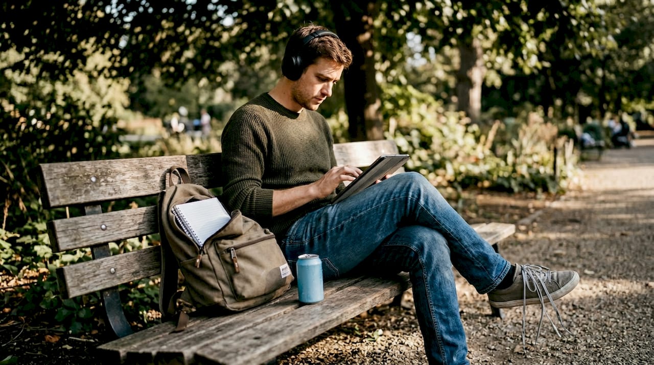 User engaging with discussion platform outdoors