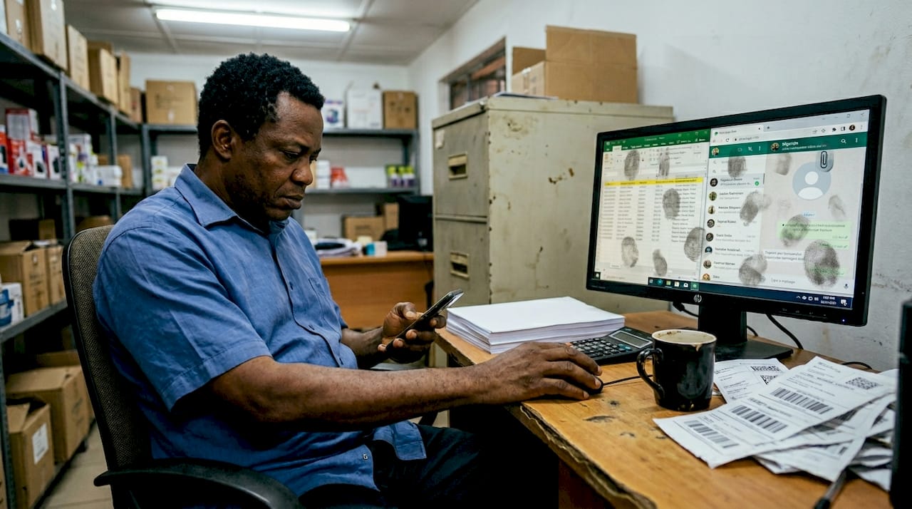 Shop owner texting and updating orders at desk