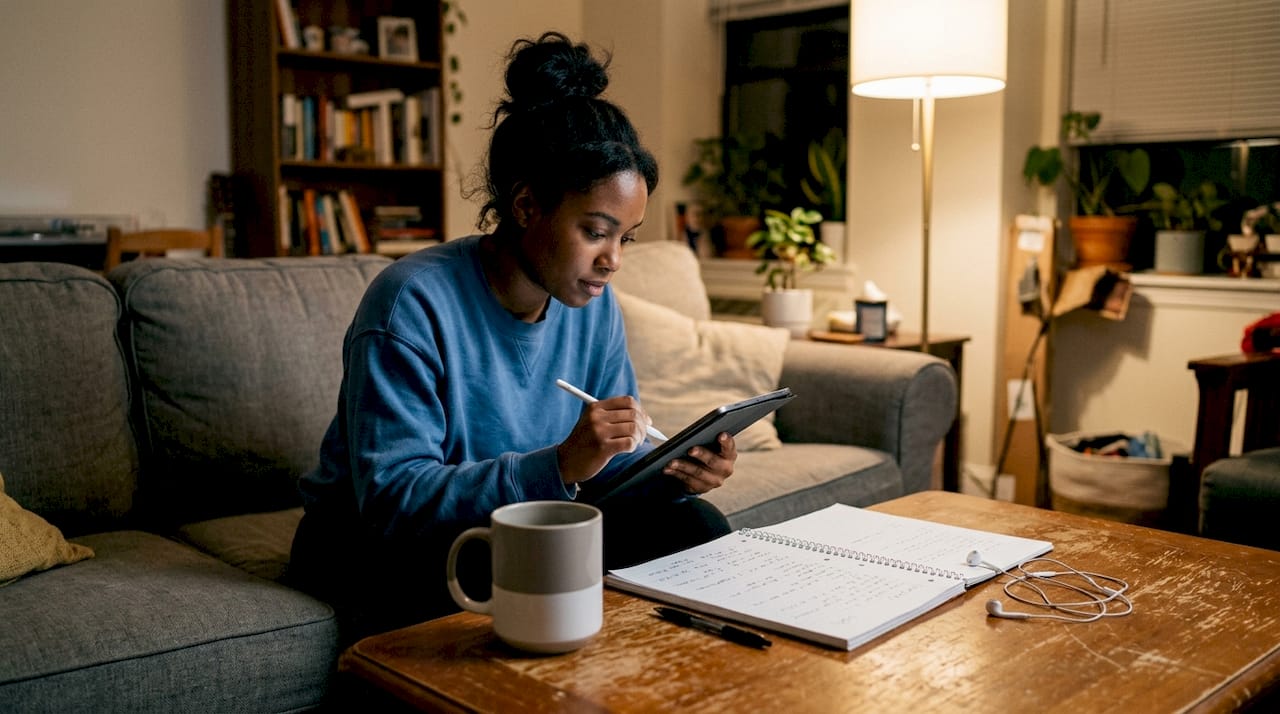 Young woman posting question in online group