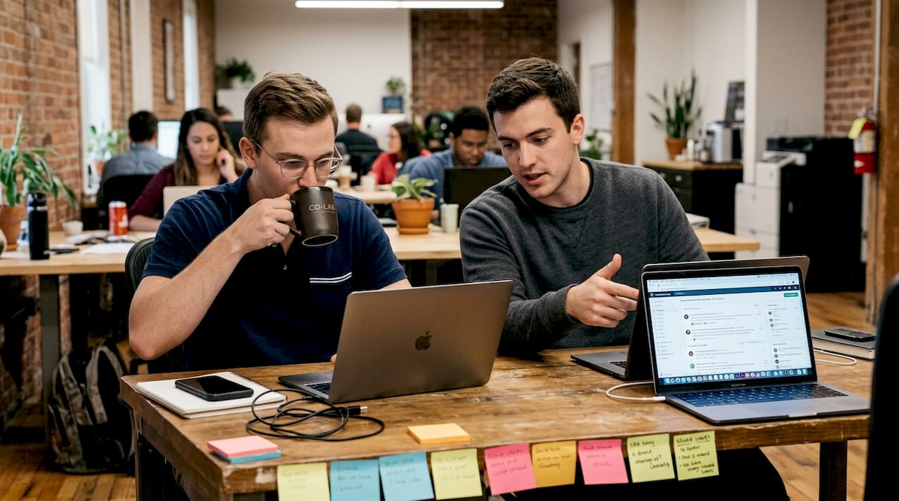 Young professionals collaborating on forum discussion