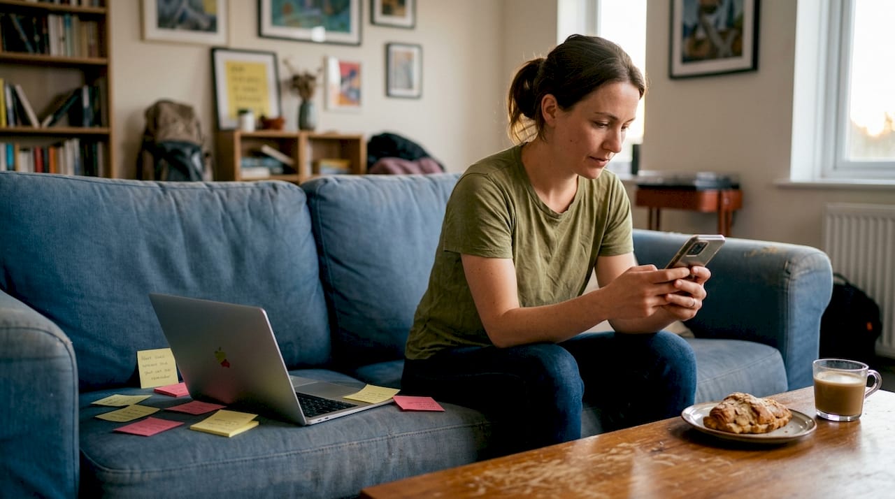 Woman using group chat on smartphone in lounge