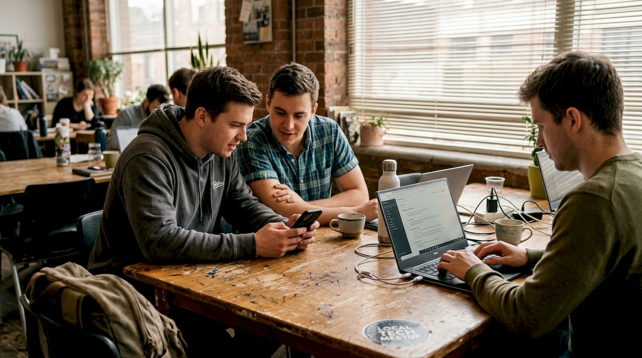 Team using new platform in coworking space