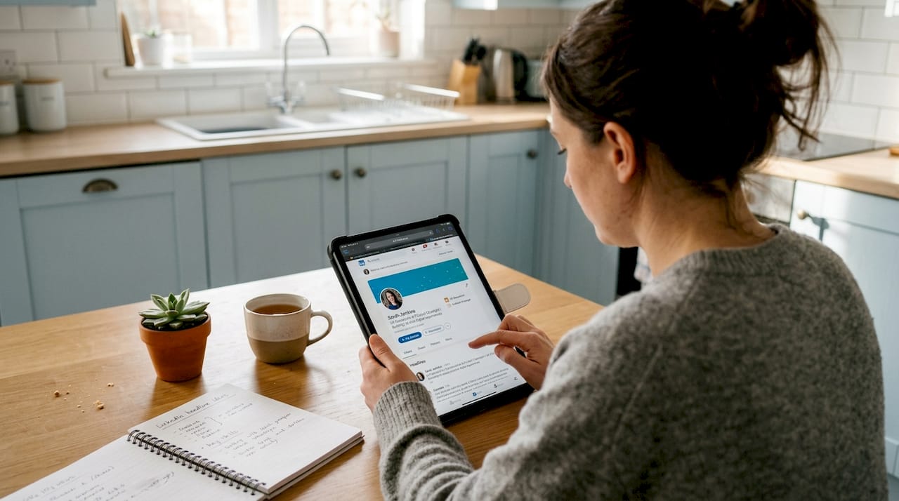 Tech professional updating LinkedIn profile at home