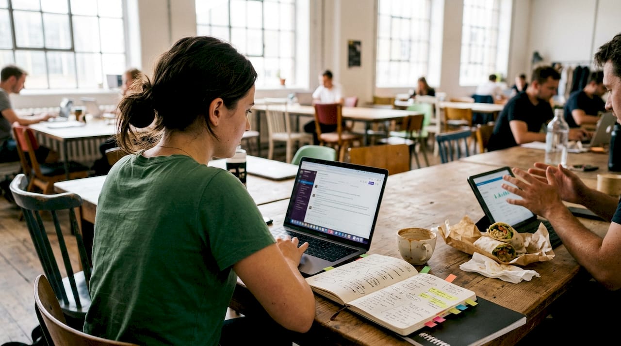 Team reviews project Slack workspace together