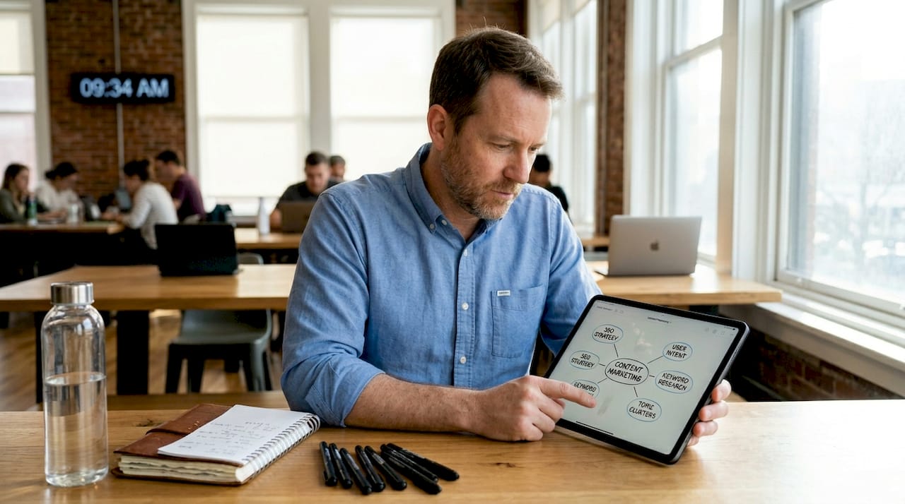 Man using tablet for topic discovery