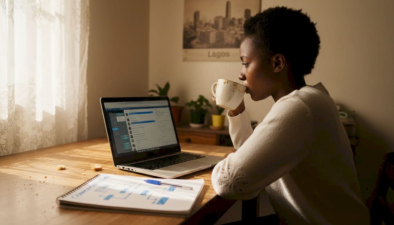 Community manager moderating online discussion at home