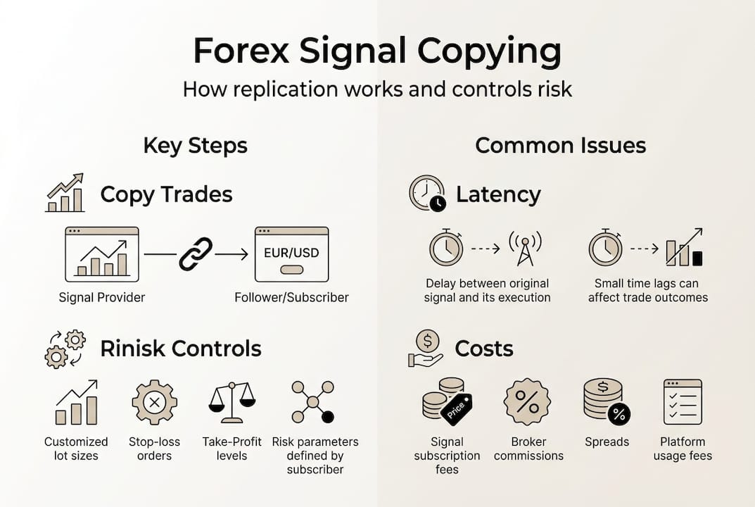 Infographic with key steps and common issues of forex signal copying