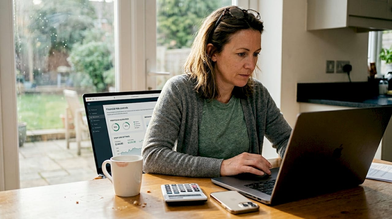 Trader adjusting risk allocation on laptop