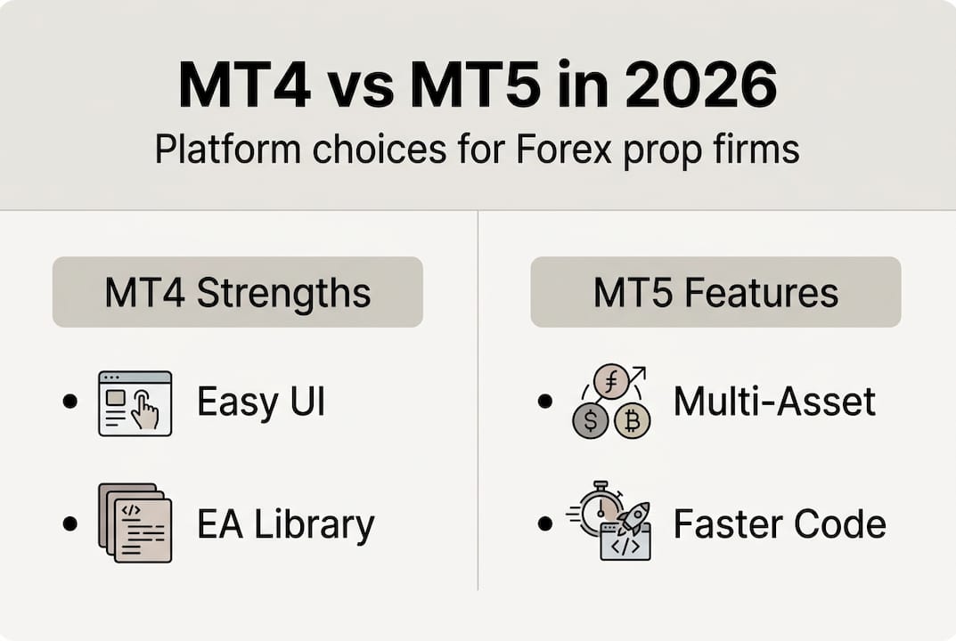 Infographic comparing MT4 and MT5 in 2026