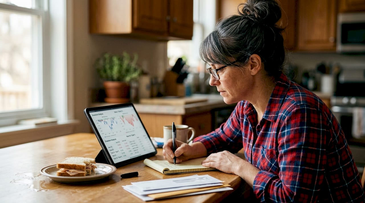 Trader assessing risk management at kitchen table