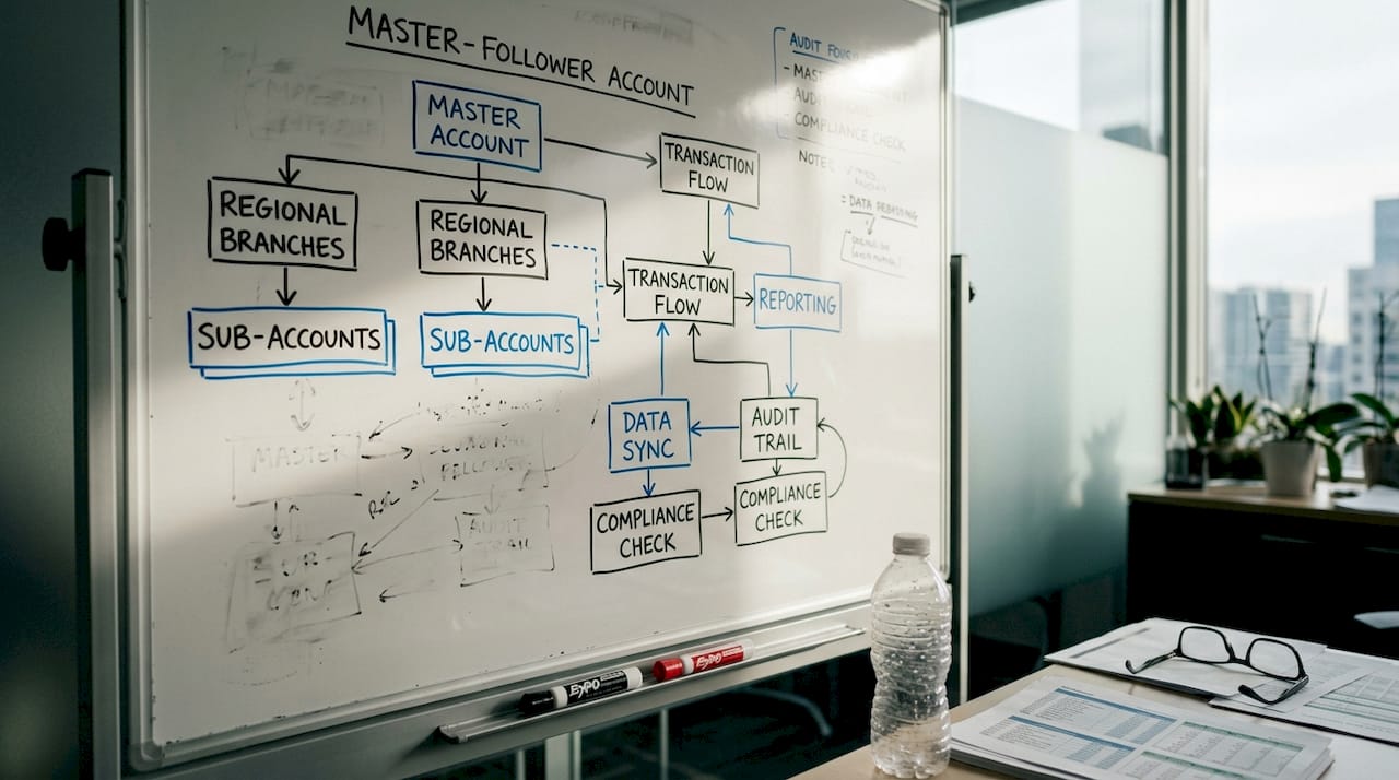 Whiteboard showing master-follower trading diagram