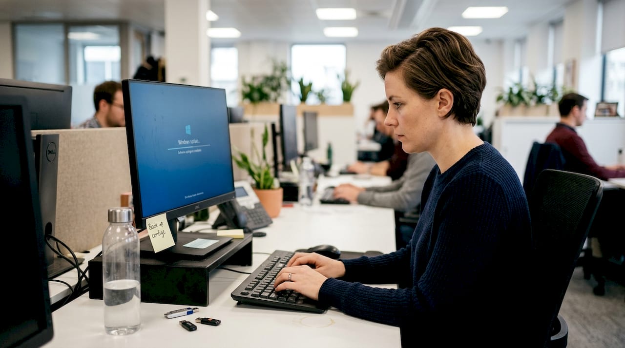 Woman installs trade copier software in workspace