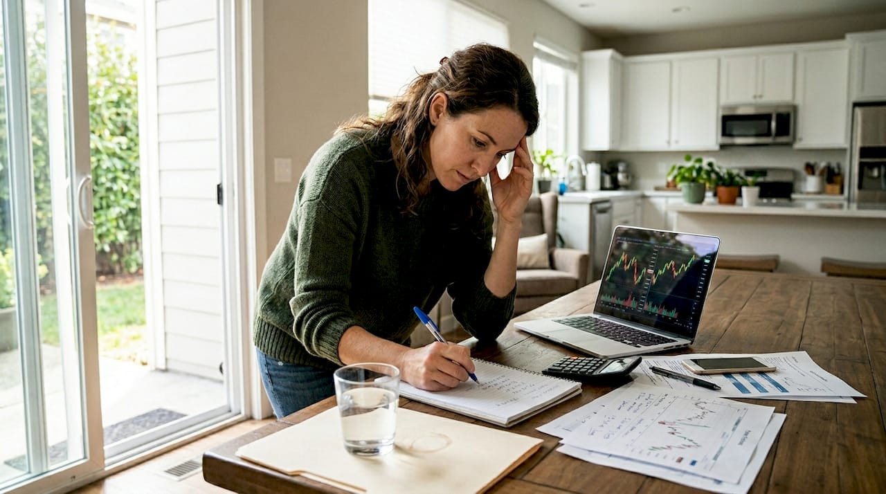 Trader calculating forex margin at kitchen table