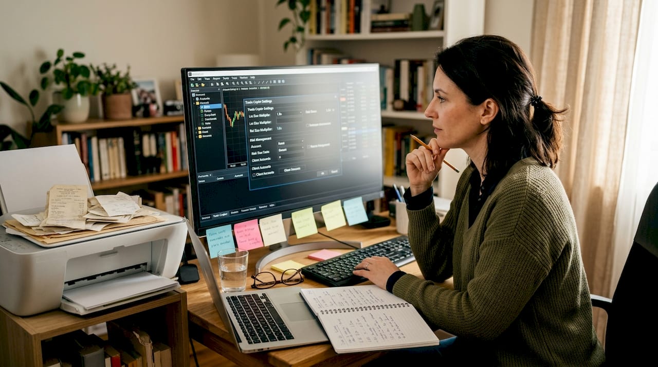 Woman using trade copier software at home desk