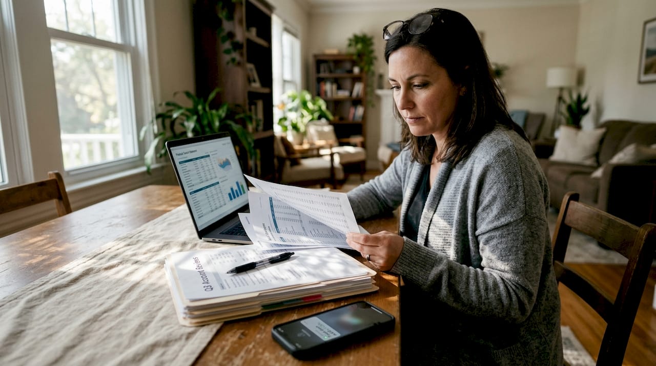 Account manager checking trading results on laptop