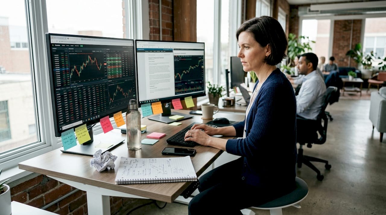 Trader managing multiple forex accounts at workstation