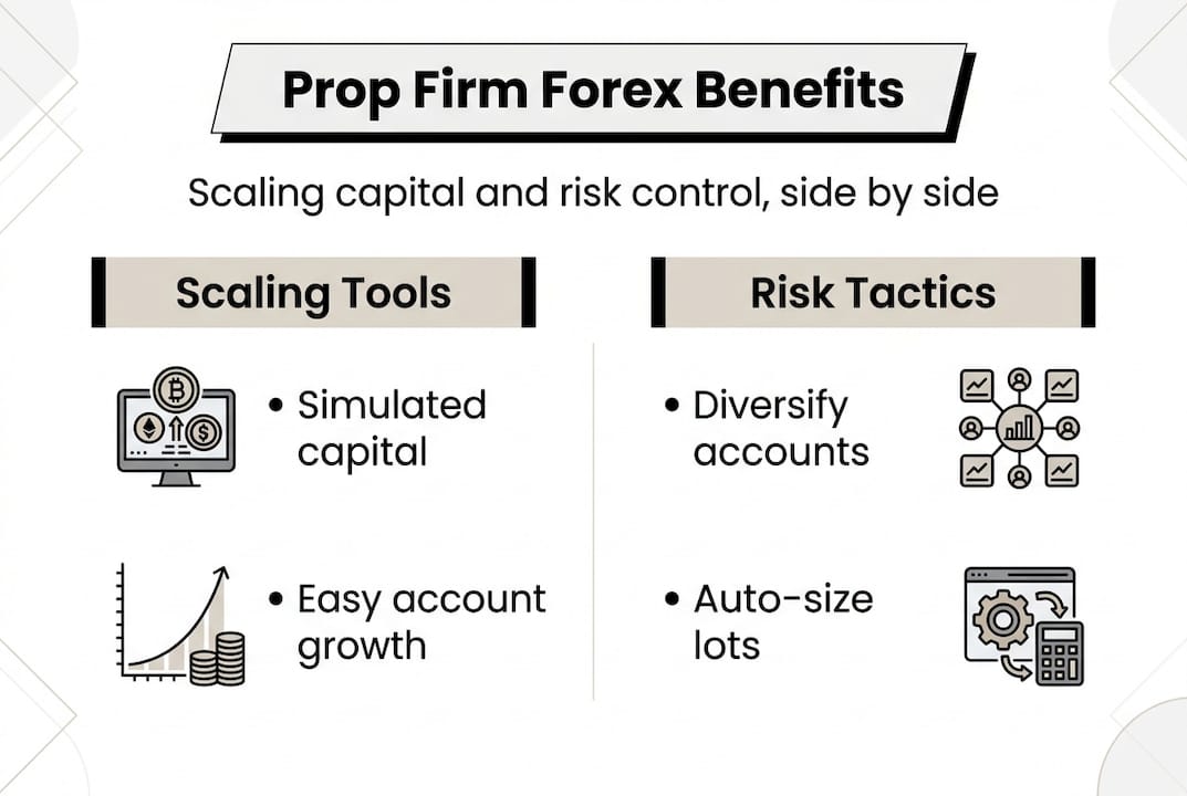 Infographic showing prop firm forex benefits and risk tactics