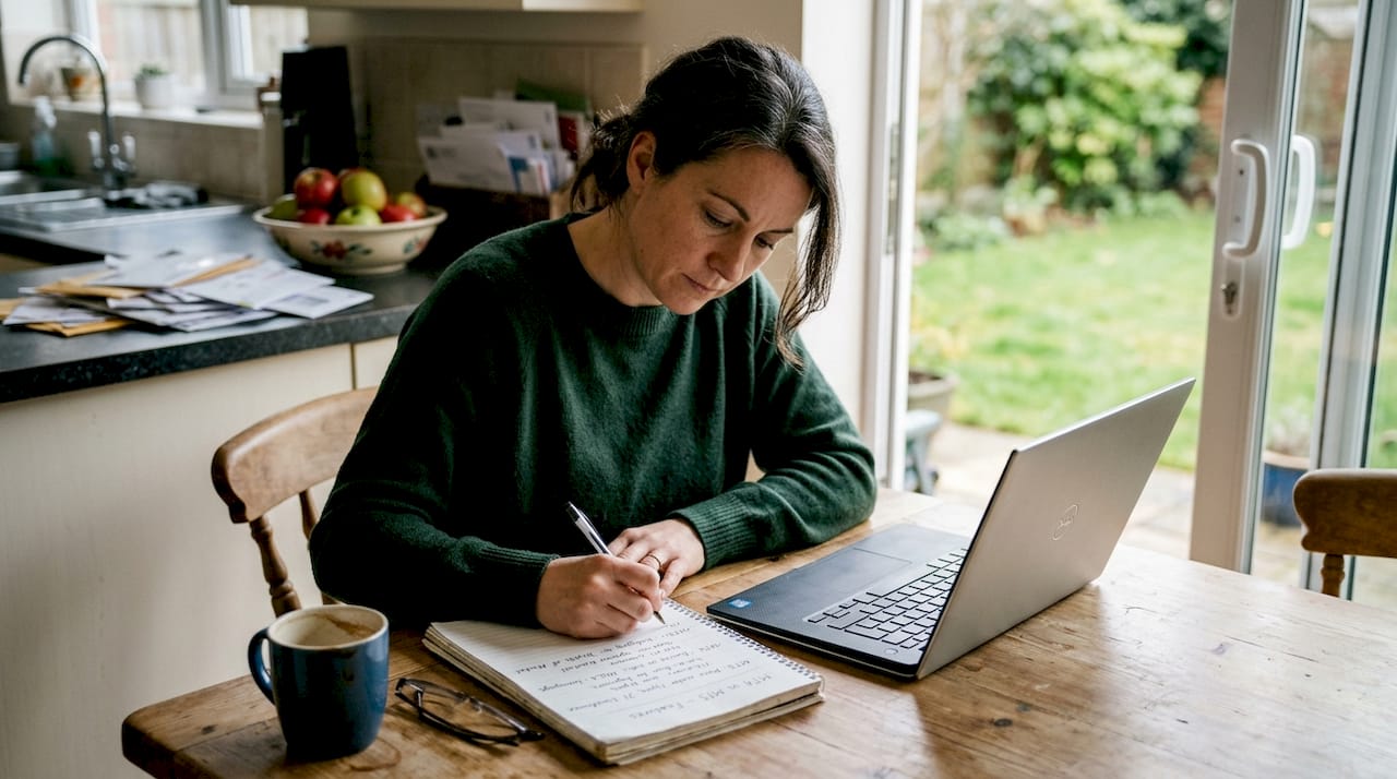 Analyst comparing trading platforms at kitchen table
