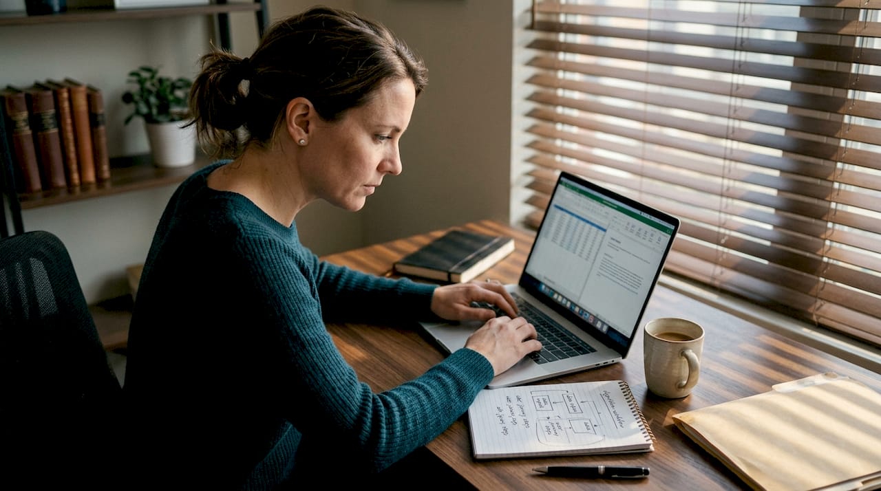 Woman working on trading algorithm workflow