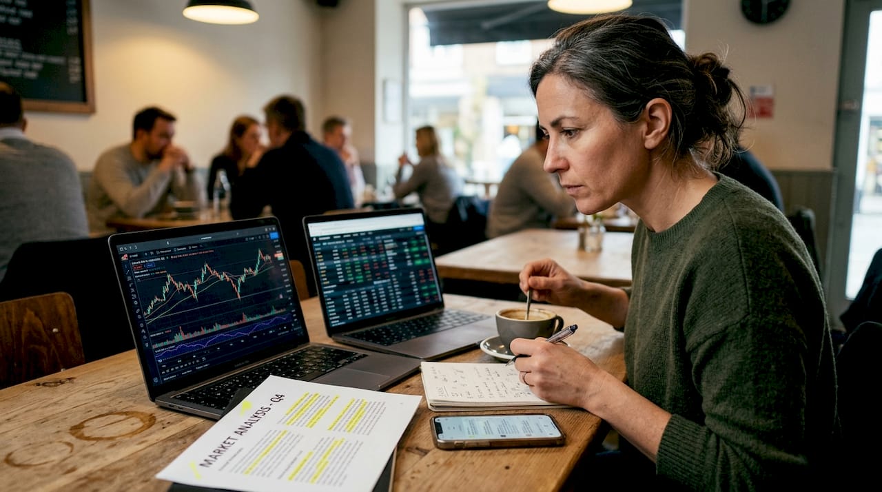 Woman comparing trading platforms laptop screens