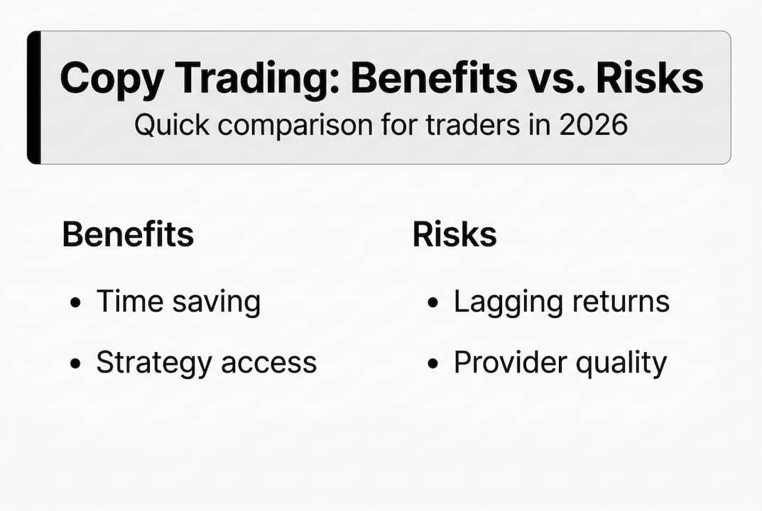Infographic comparing copy trading benefits and risks