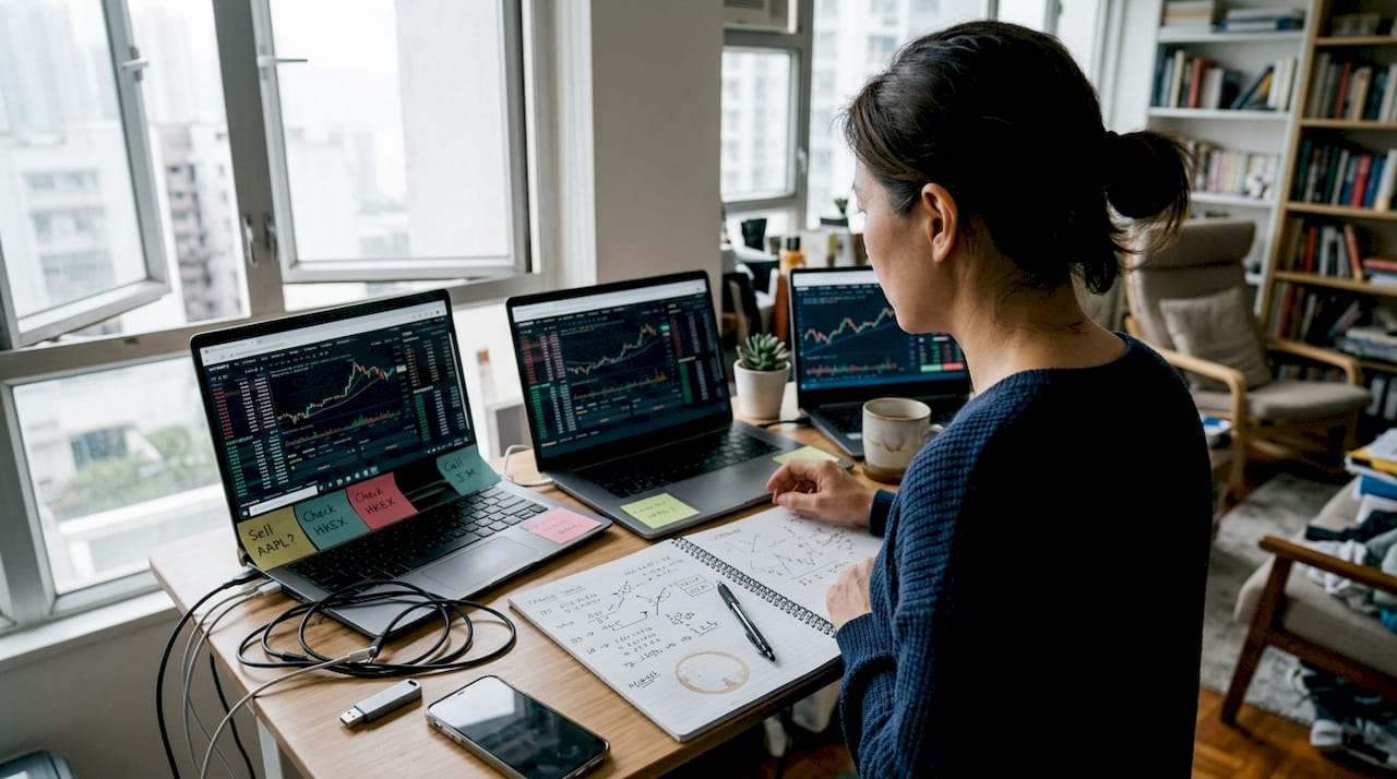 Woman managing forex trades across three laptops