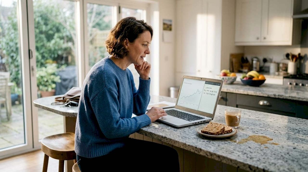 Trader checks results at kitchen breakfast bar