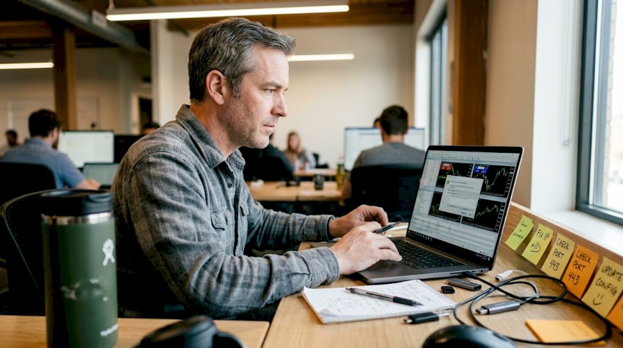 Technician configuring multi-platform forex stack