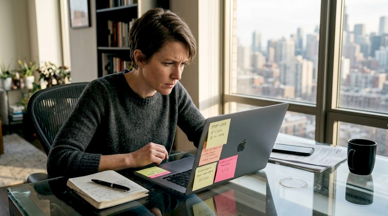 Trader reviewing risk controls at city apartment desk