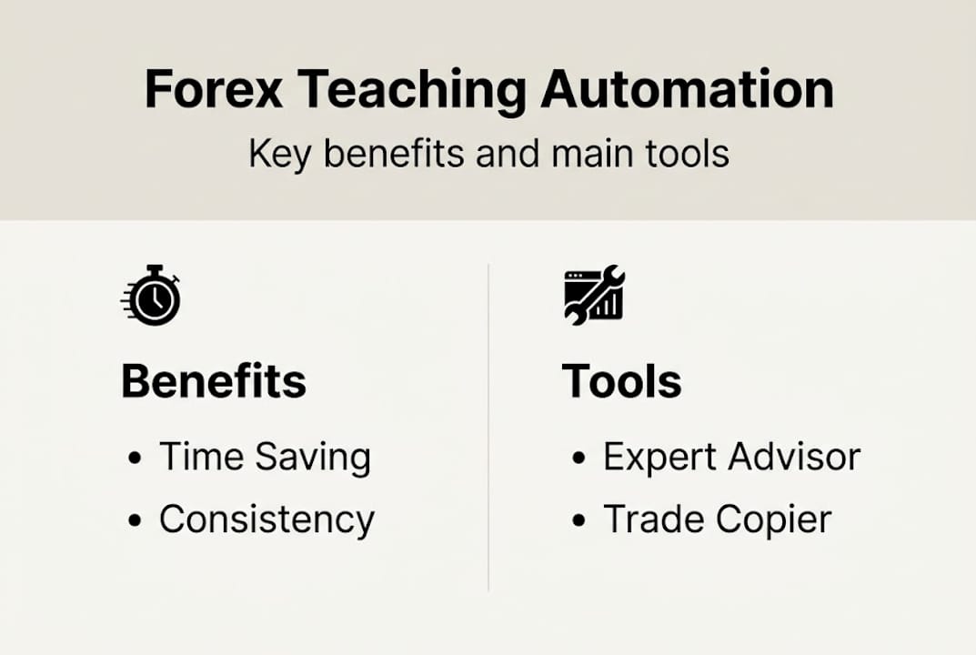 Infographic showing forex automation benefits and tools