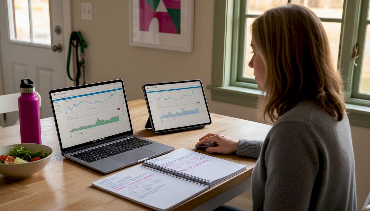 Trader checking forex copier setup on laptop and tablet