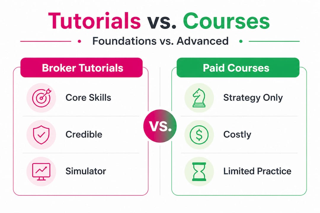 Infographic comparing broker tutorials and strategy courses