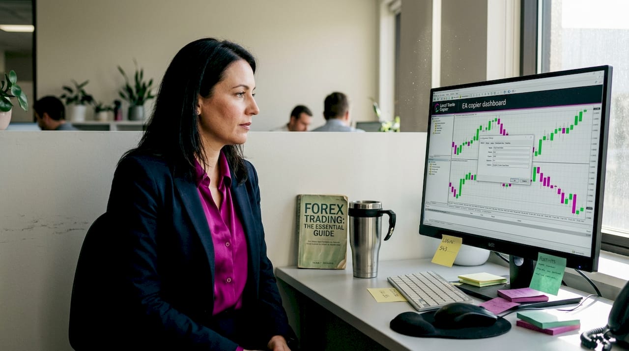 Woman configuring EA trade copier at desk