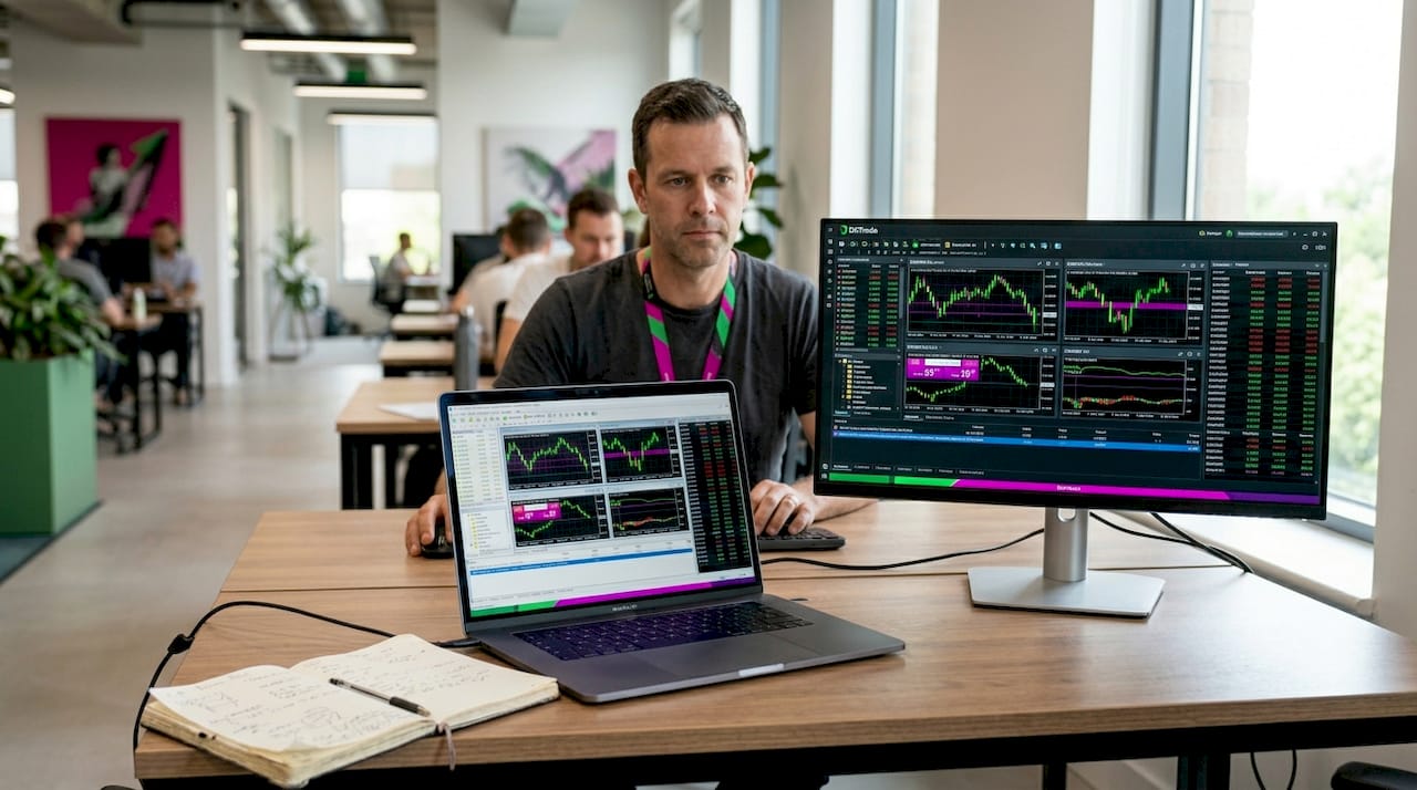 Trader using algorithmic forex platforms at shared desk