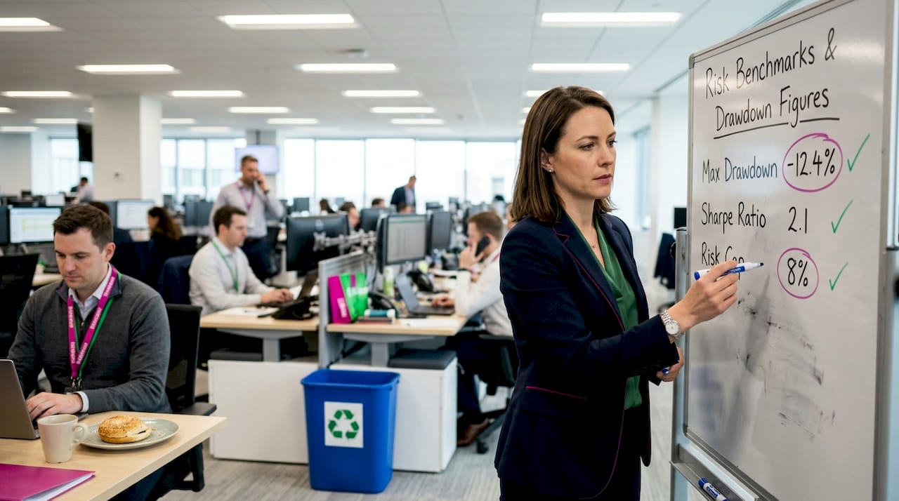 Team tracking drawdowns on trading floor whiteboard