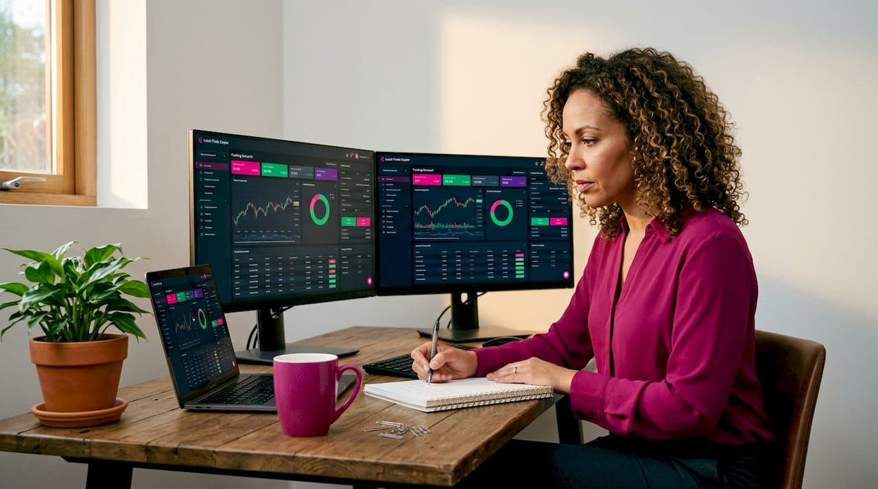 Woman managing multiple trading dashboards at desk