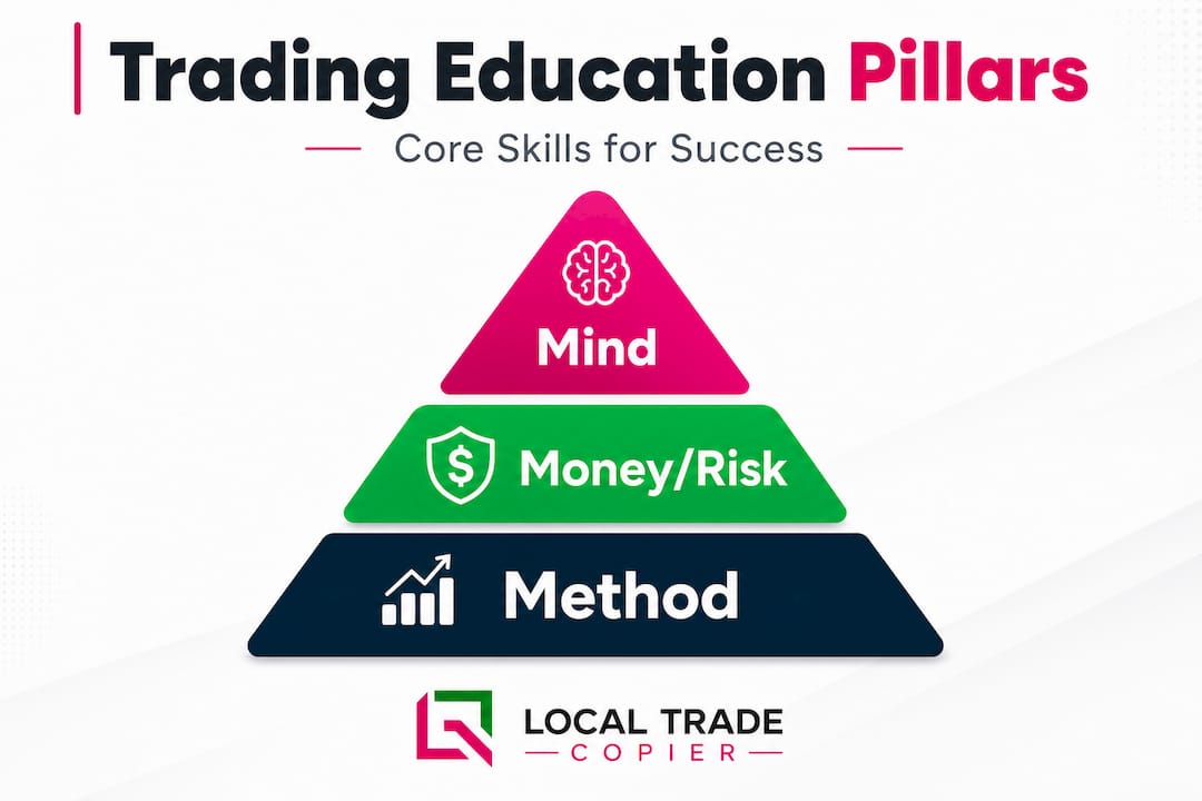 Infographic showing Method, Money Risk, Mind trading education pillars