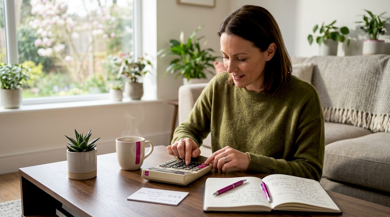 Woman calculating forex position sizes at table