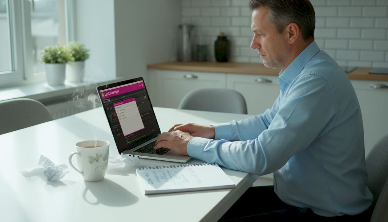 Trader setting stop-loss on laptop in kitchen